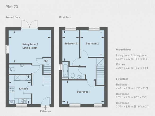 Floor plan 3 bedroom semi-detached house, plot 73 - artist's impression subject to change